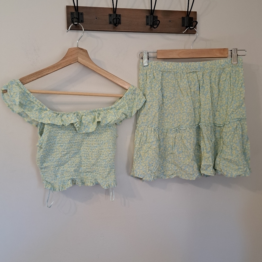 WOMEN'S Set Skirt & Crop Pink Rose Floral Yellow Floral Size M